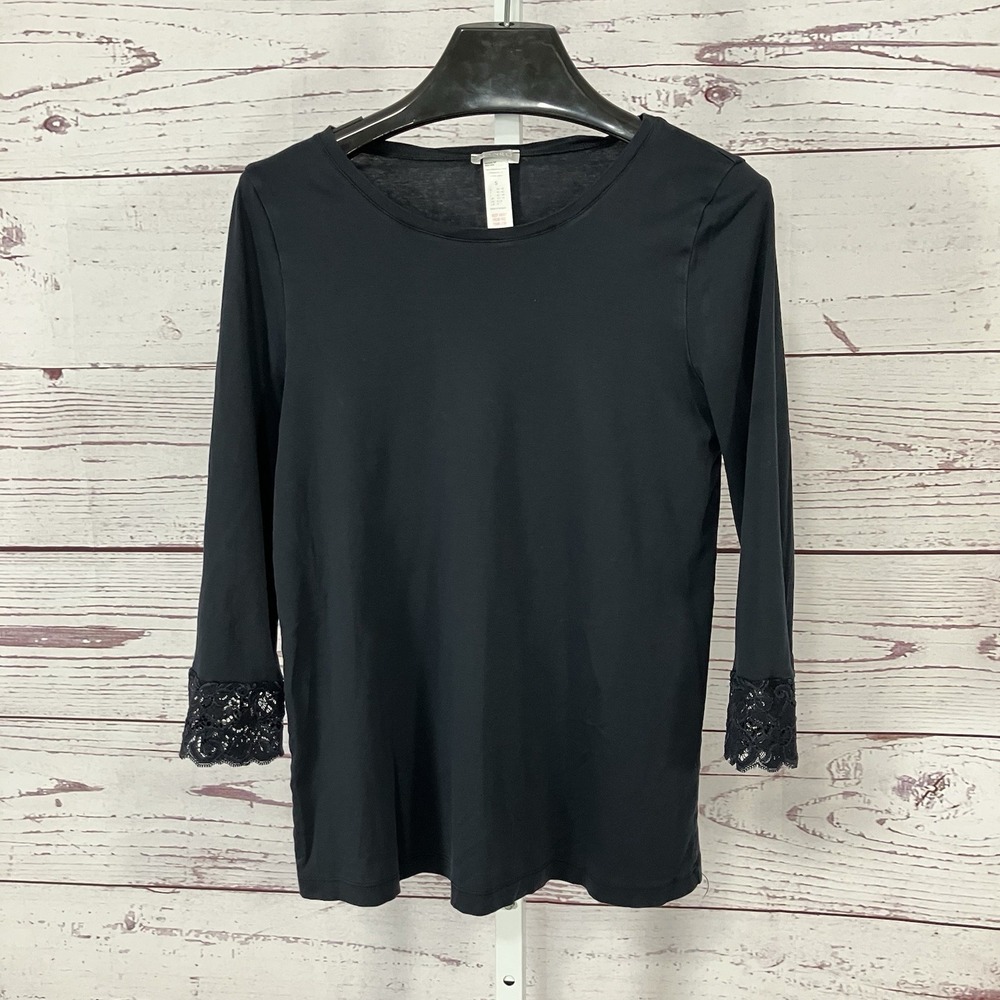 Hanro Black Long Sleeve Top Lace Trim Scoop Neck Soft Stretch Size Small
